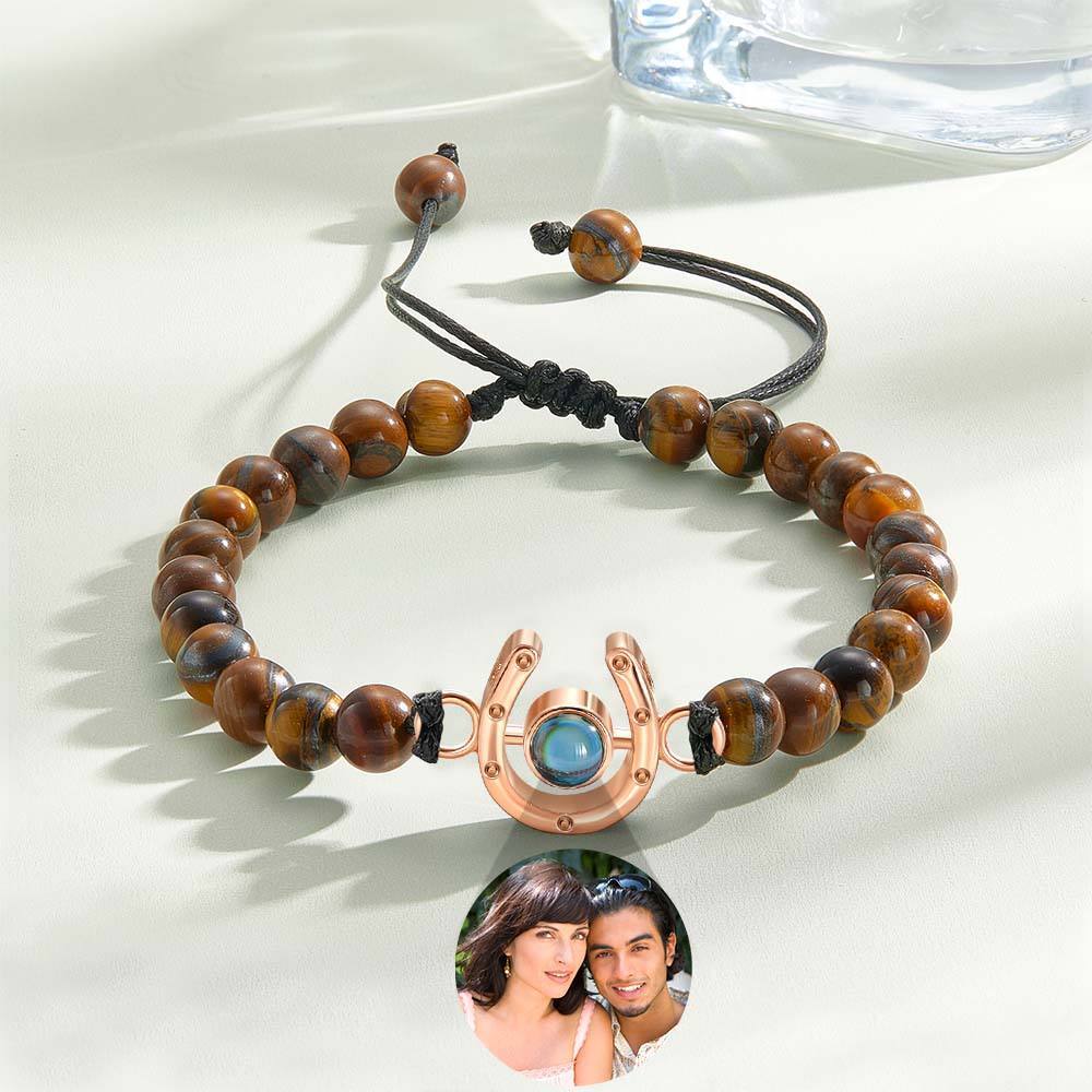 Personalized Horseshoe Charm Photo Projection Beads Bracelet Gift for Horse Lovers - PhotoBoxer