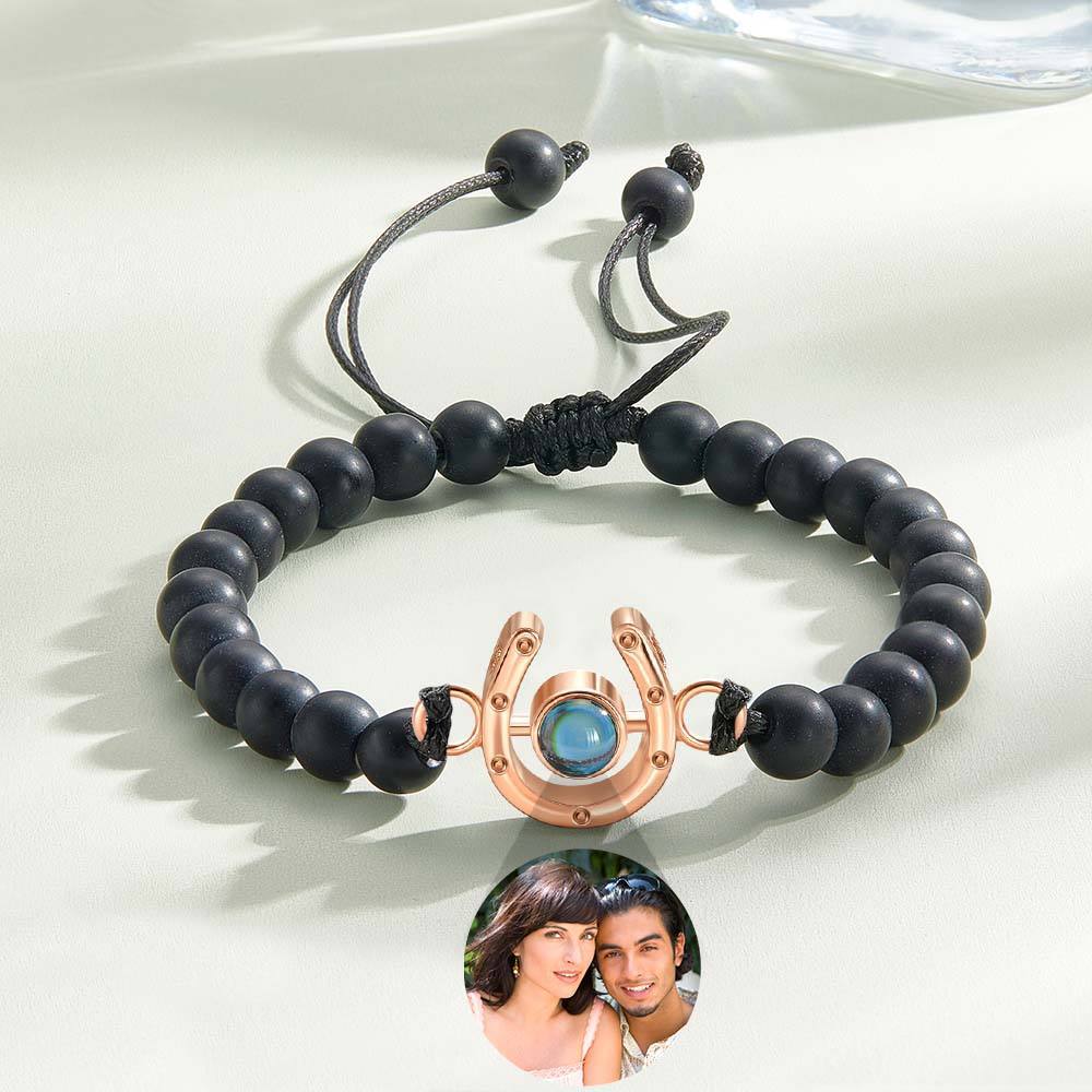 Personalized Horseshoe Charm Photo Projection Beads Bracelet Gift for Horse Lovers - PhotoBoxer
