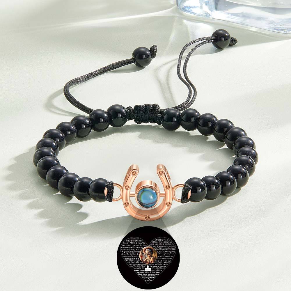 Personalized Horseshoe Charm Photo Projection Beads Bracelet Gift for Horse Lovers - PhotoBoxer