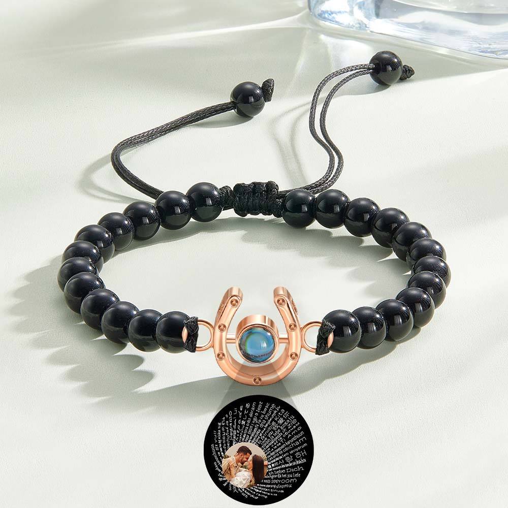 Personalized Horseshoe Charm Photo Projection Beads Bracelet Gift for Horse Lovers - PhotoBoxer