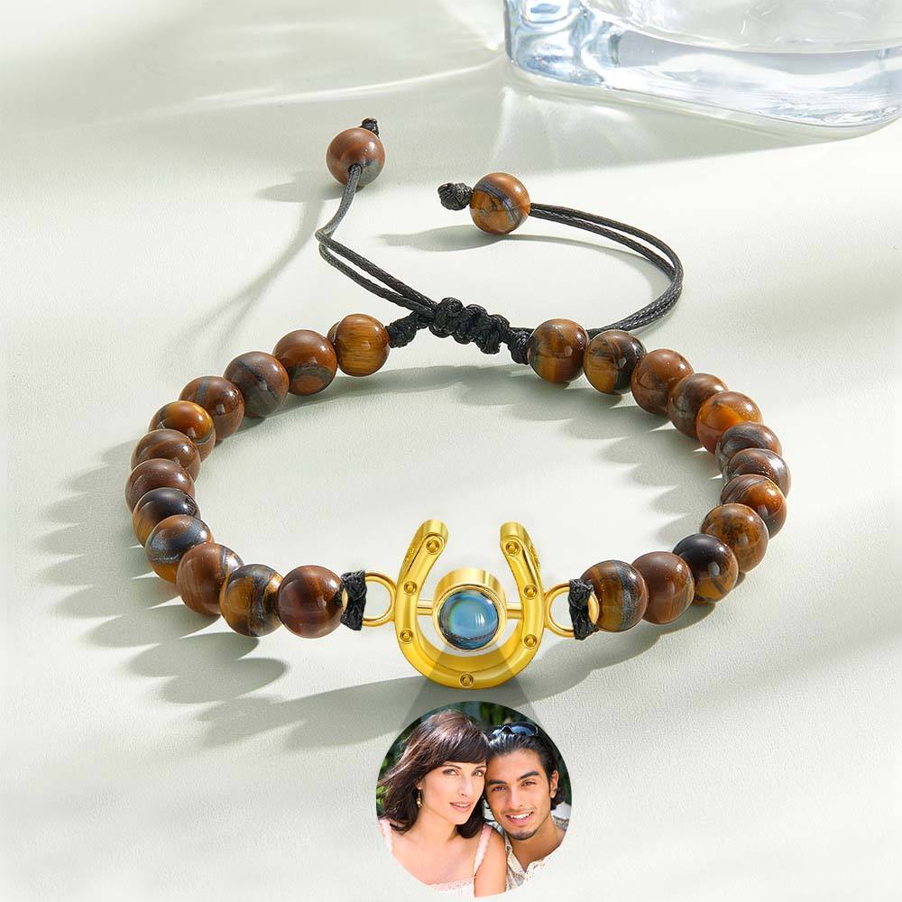 Personalized Horseshoe Charm Photo Projection Beads Bracelet Gift for Horse Lovers - PhotoBoxer
