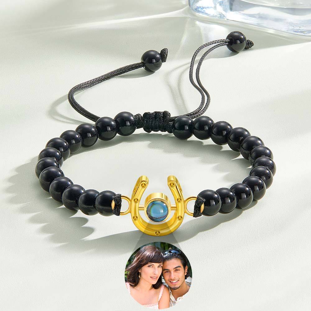Personalized Horseshoe Charm Photo Projection Beads Bracelet Gift for Horse Lovers - PhotoBoxer