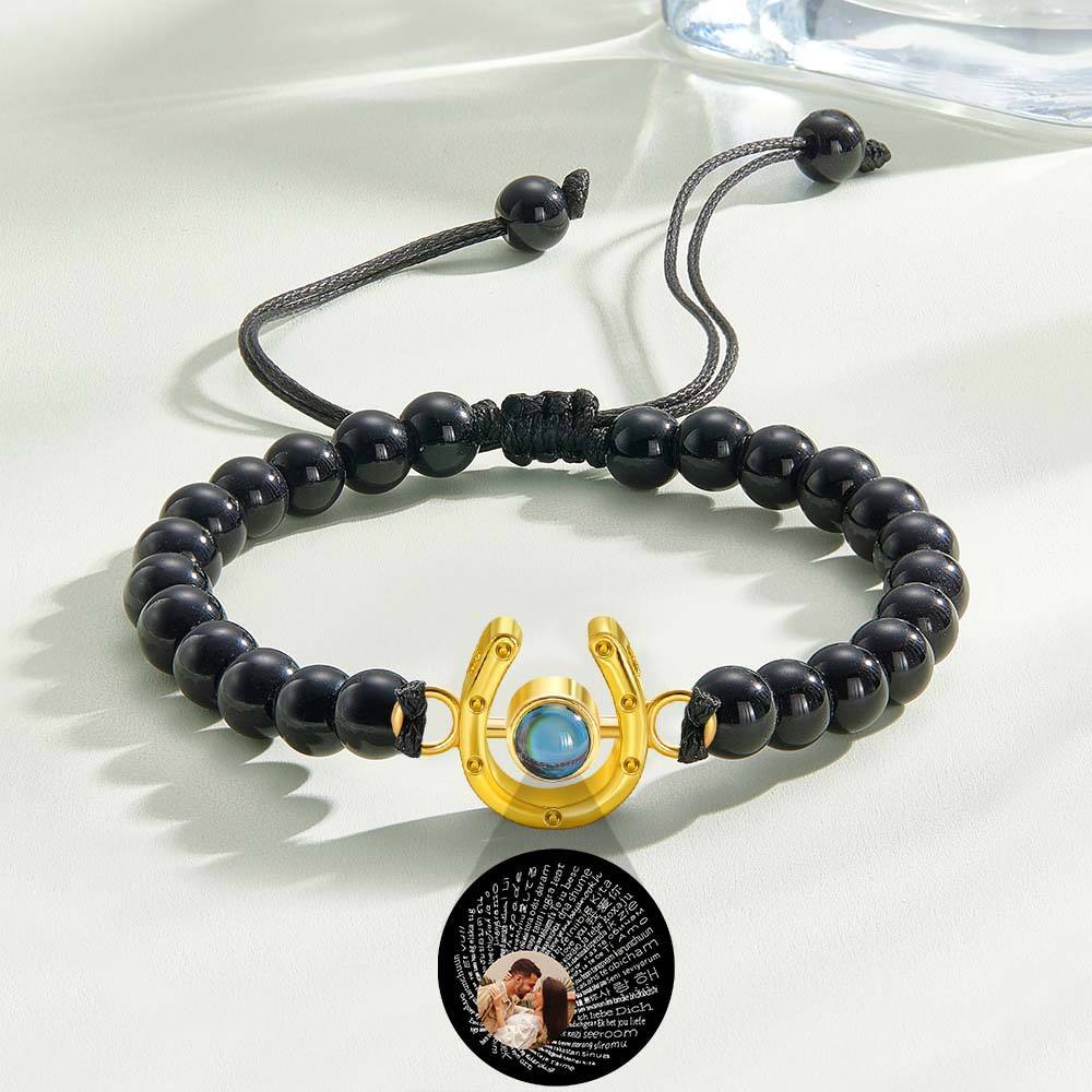 Personalized Horseshoe Charm Photo Projection Beads Bracelet Gift for Horse Lovers - PhotoBoxer