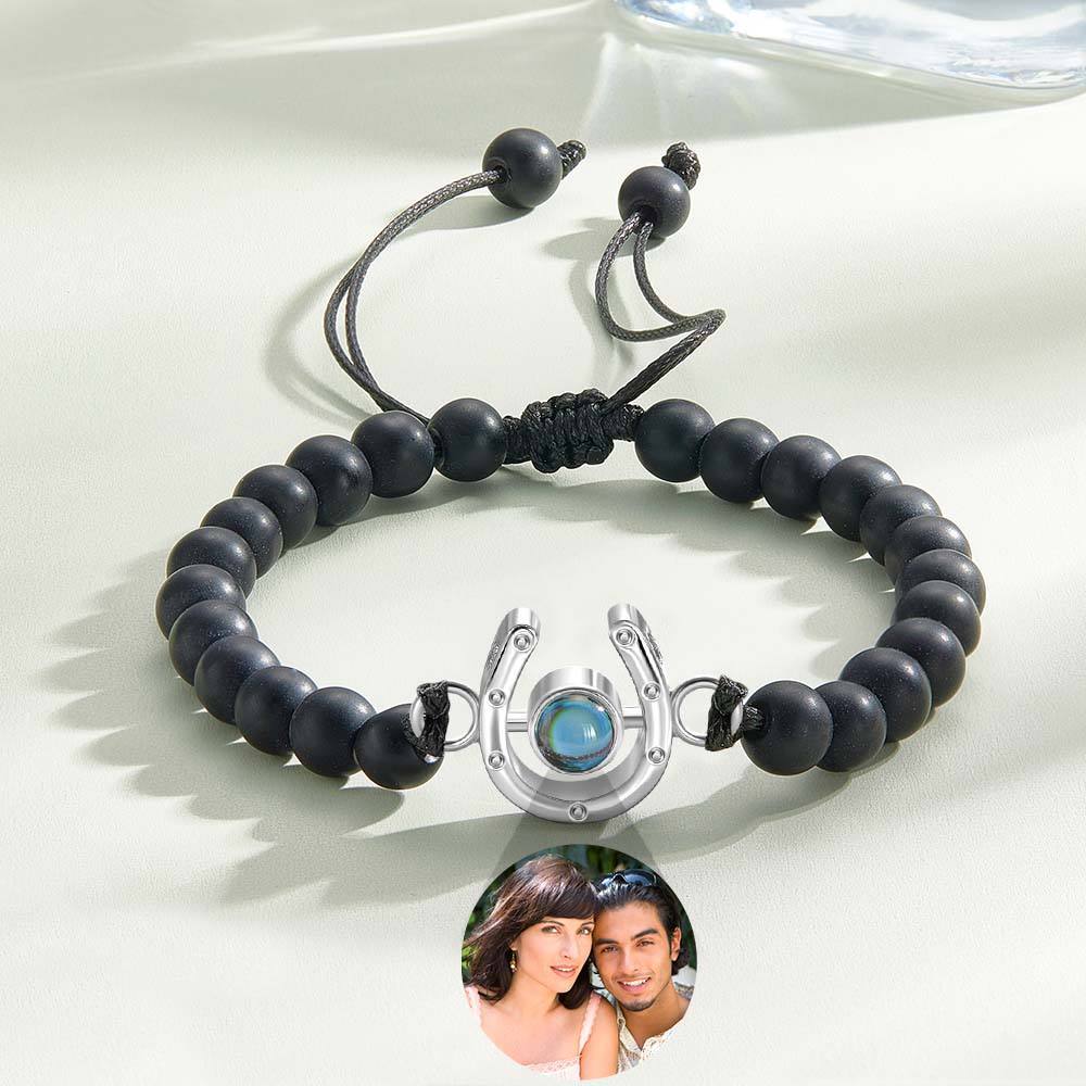Personalized Horseshoe Charm Photo Projection Beads Bracelet Gift for Horse Lovers - PhotoBoxer