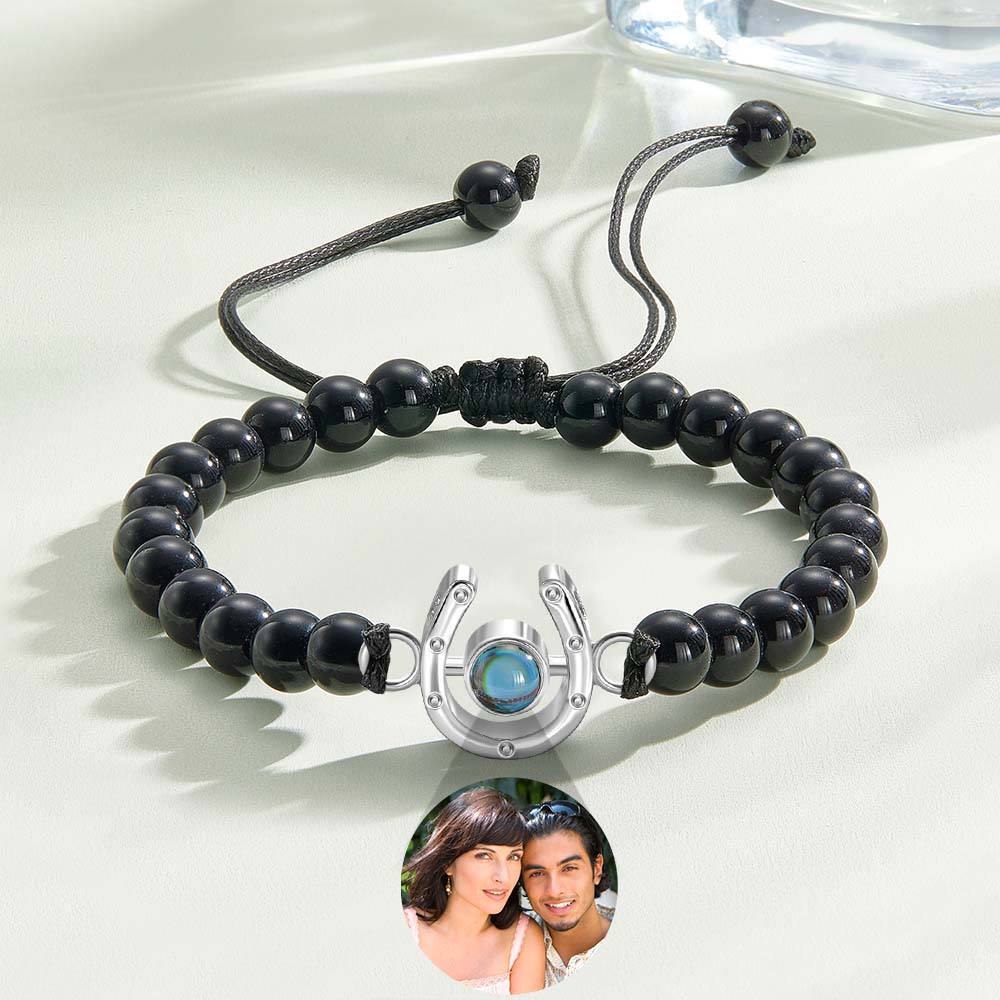 Personalized Horseshoe Charm Photo Projection Beads Bracelet Gift for Horse Lovers - PhotoBoxer