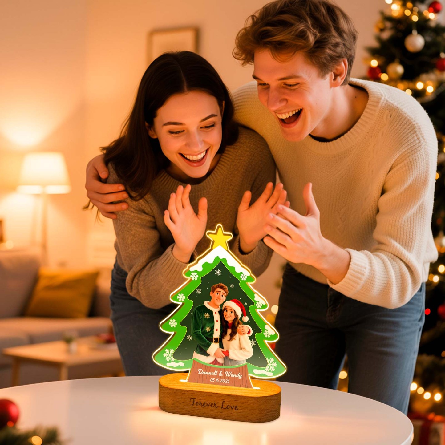 Personalized Christmas Tree Night Light, Custom Photo Engraved Cartoon Style Gift, Best Christmas Gift for Couple, Family - PhotoBoxer