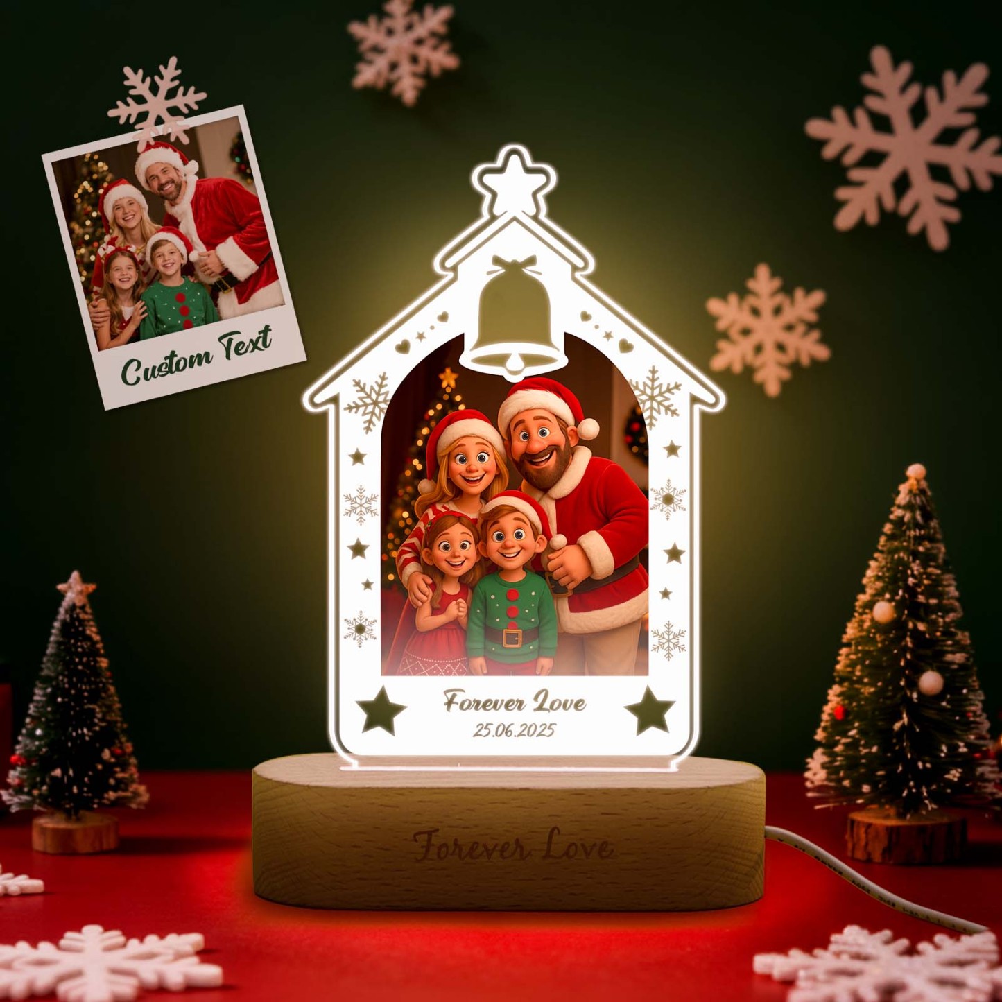 Personalized Christmas Tree Night Light, Custom Photo Engraved Cartoon Style Gift, Best Christmas Gift for Couple, Family - PhotoBoxer
