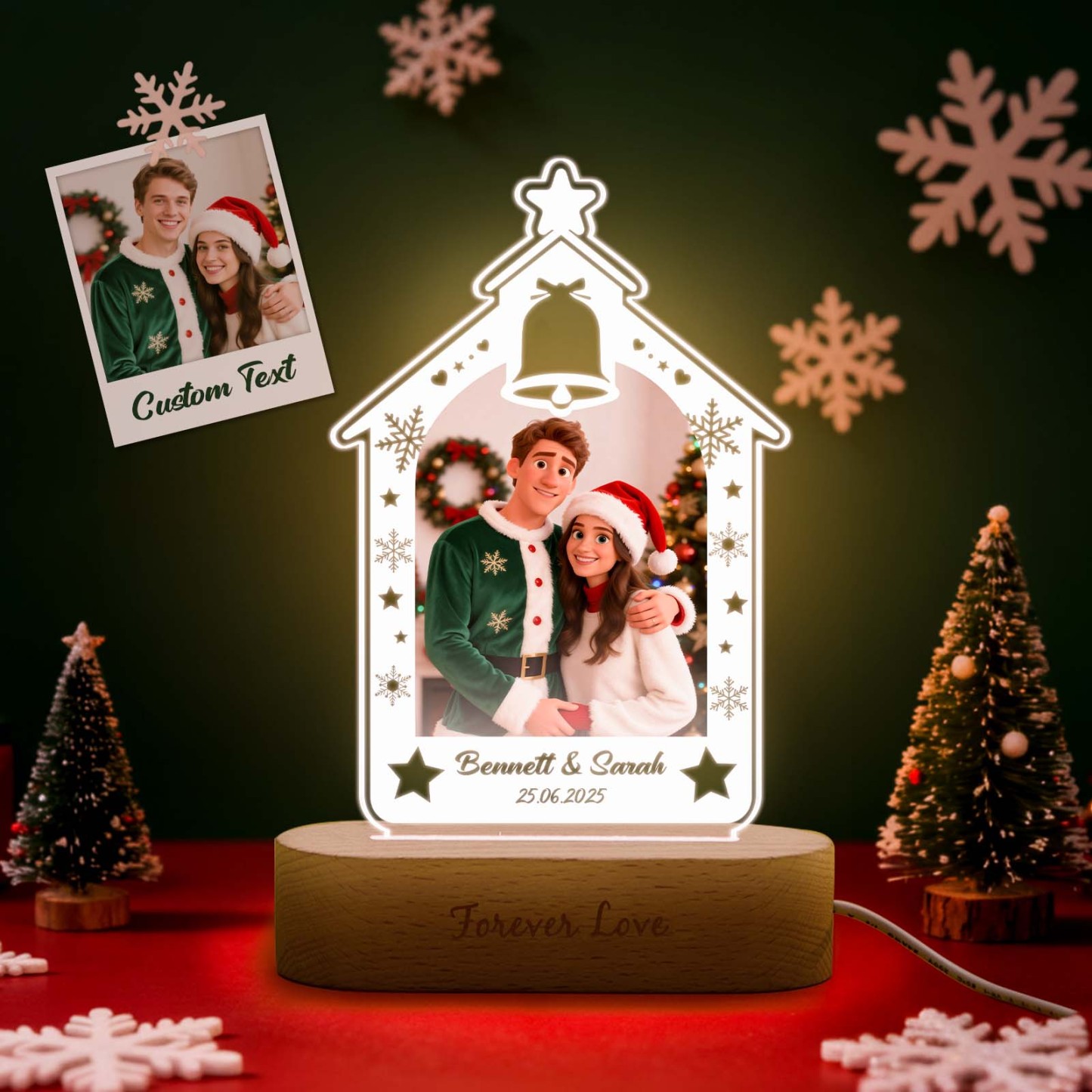 Personalized Christmas Tree Night Light, Custom Photo Engraved Cartoon Style Gift, Best Christmas Gift for Couple, Family - PhotoBoxer