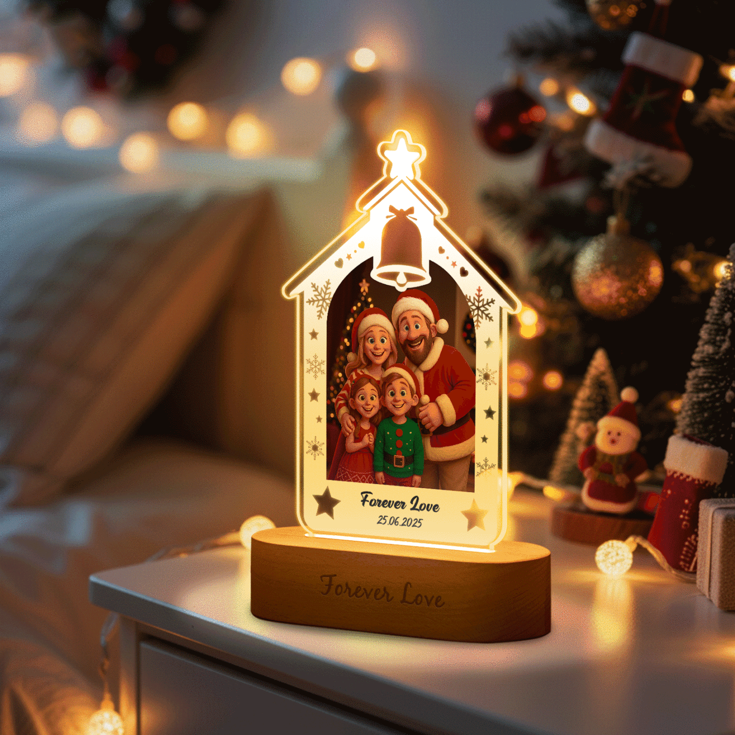 Personalized Christmas Tree Night Light, Custom Photo Engraved Cartoon Style Gift, Best Christmas Gift for Couple, Family - PhotoBoxer