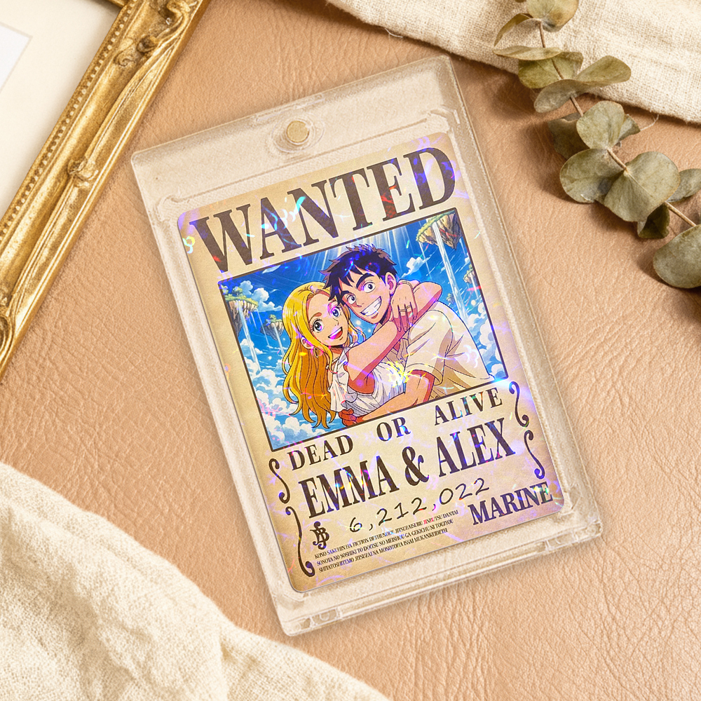 Custom Anime Bounty Couple Portrait Game Card, Personalized WANTED Bounty Card with Holographic Foil, Unique Gift for Couples & Friends