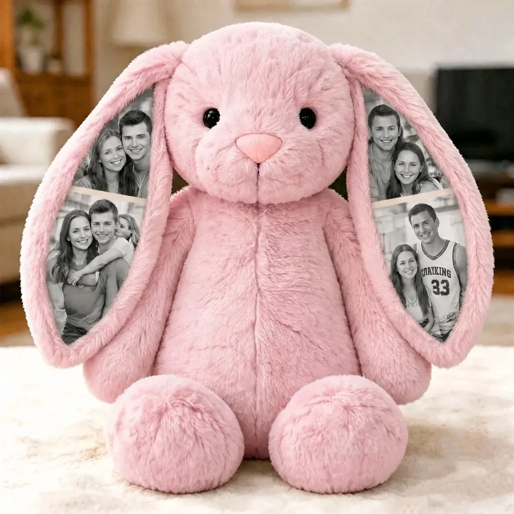 Custom Photo Couple Bunny Plush Personalized Hidden Ear Picture Bunny Gift for Couples Anniversary Gifts - PhotoBoxer