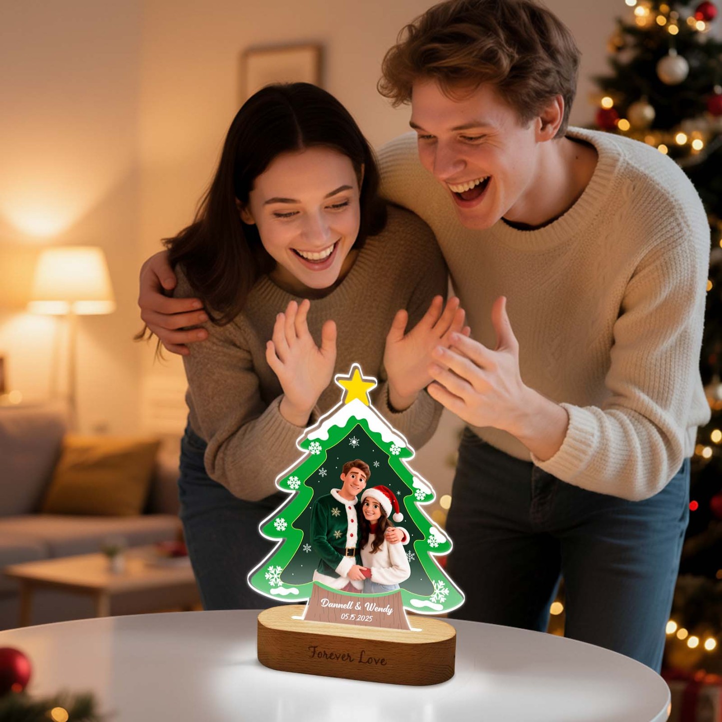 Personalized Christmas Tree Night Light, Custom Photo Engraved Cartoon Style Gift, Best Christmas Gift for Couple, Family - PhotoBoxer