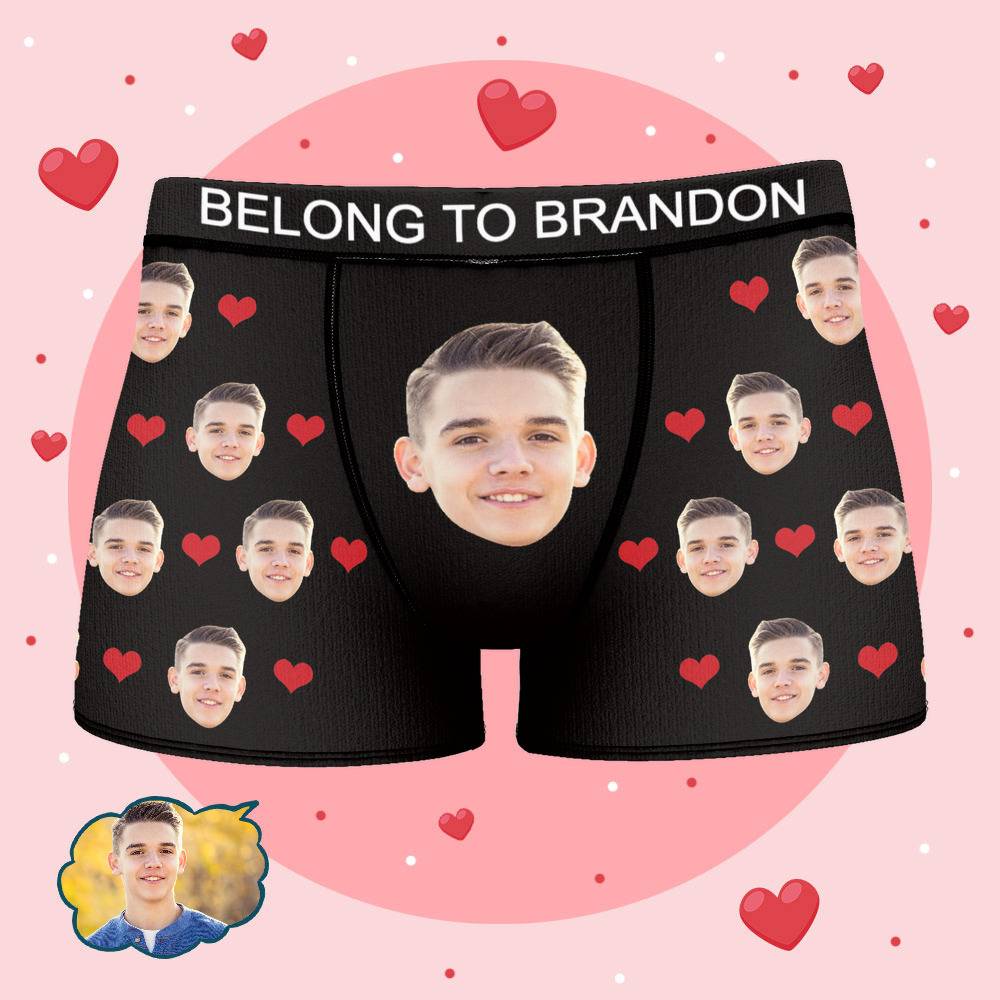 Brandon - Personalized Property of Name Boxer Custom Name Face Boxer with Text Inscribed Waist Anniversary Gifts for Boyfriend