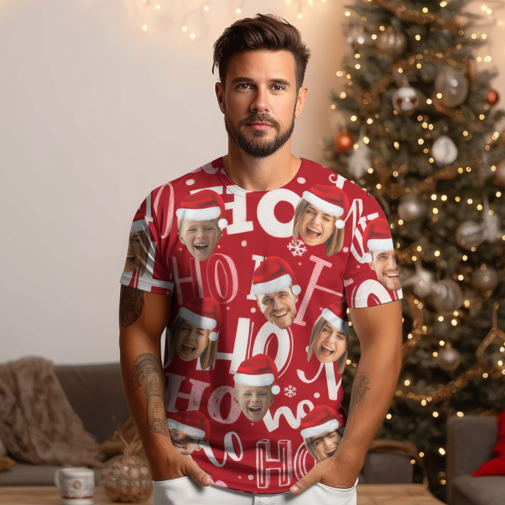 Custom Face T-shirt Personalized Personalized Photo Xmas Leds Unisex T-shirts Merry Christmas - PhotoBoxer