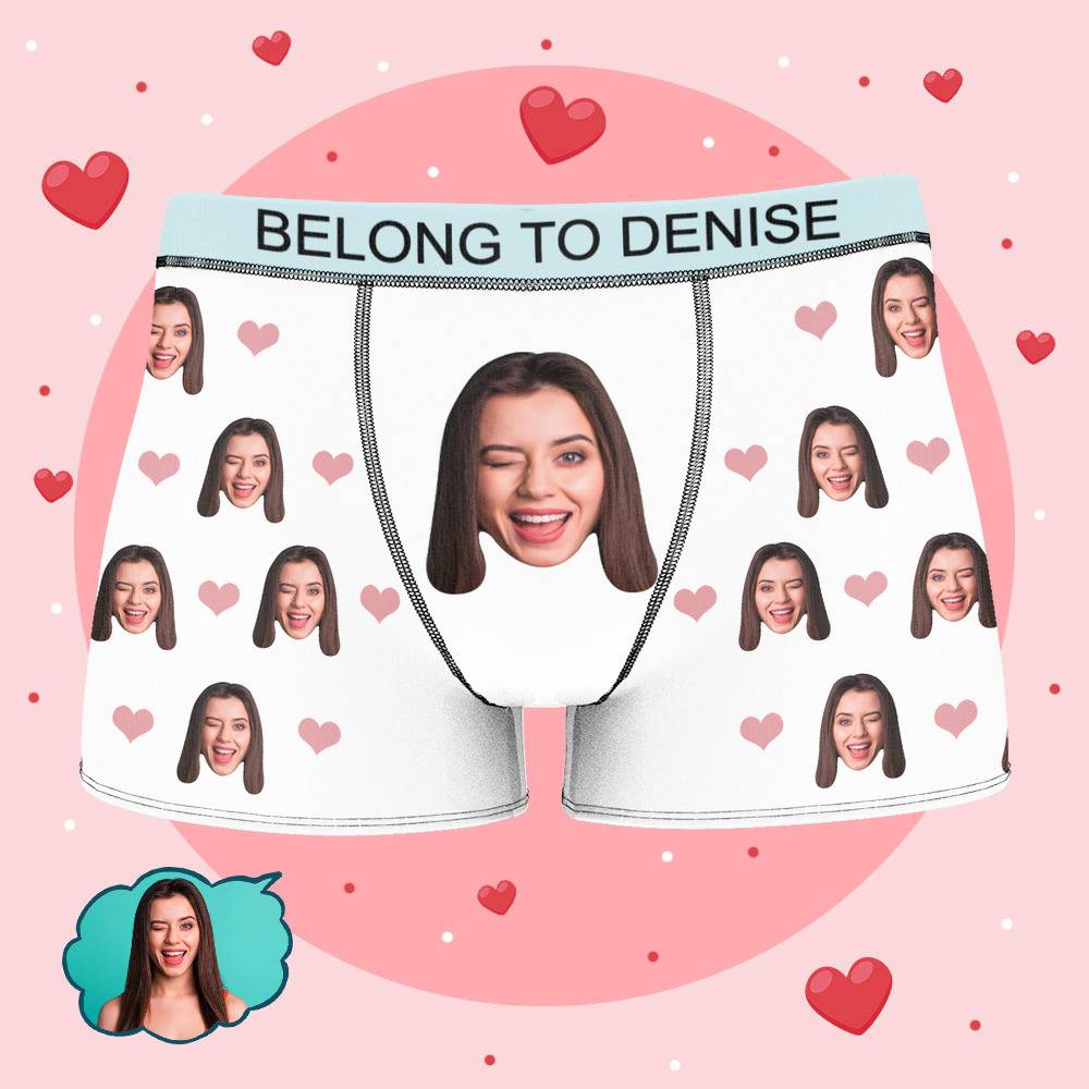 Denise - Personalized Property of Name Boxer Custom Name Face Boxer with Text Inscribed Waist Anniversary Gifts for Boyfriend