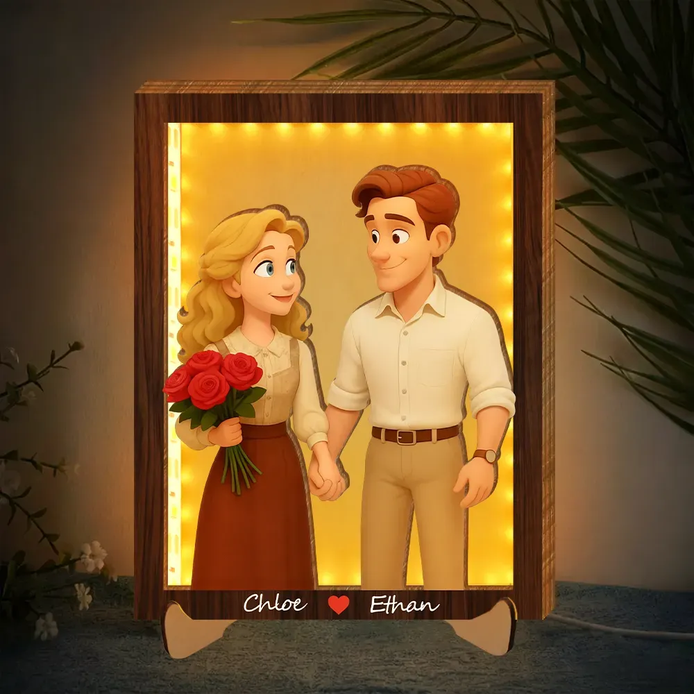 Personalized Wooden Cartoon Light Wall Art, Custom Cartoon Portrait, Wood Home Decor, Night Light Gifts, Valentine's Day Gift - PhotoBoxer