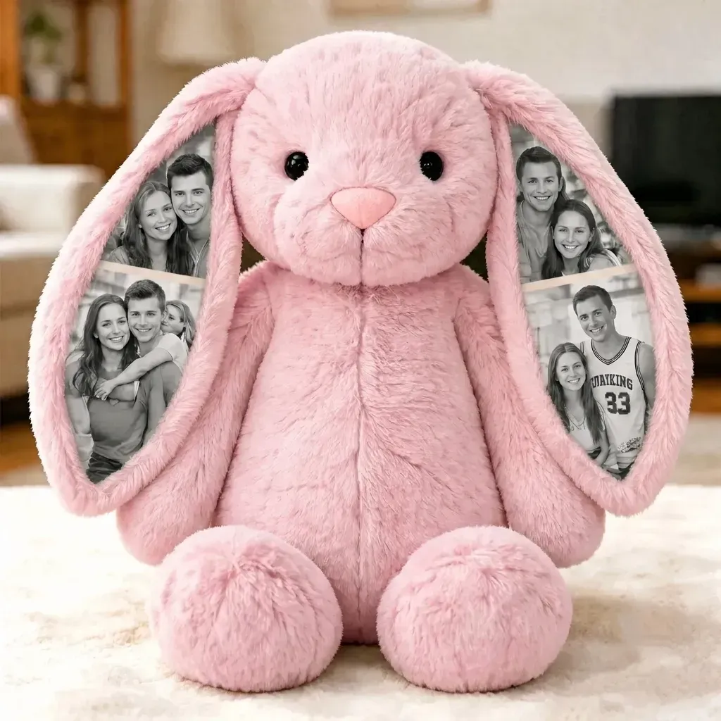 Personalized Voice Recording Bunny Plush – Custom Photo Hidden Ear Rabbit, Recordable Message Stuffed Animal, Unique Anniversary Gift for Couples - PhotoBoxer