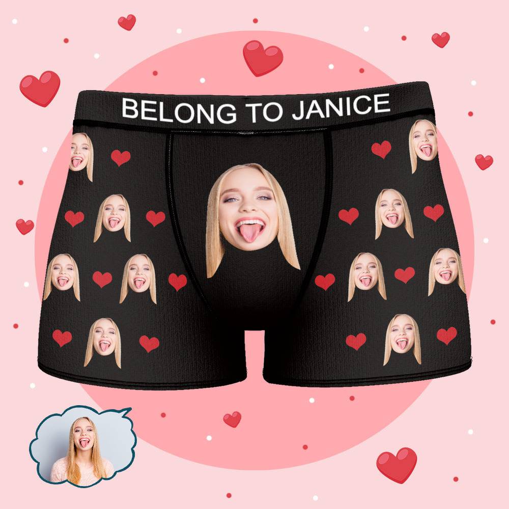 Janice - Personalized Property of Name Boxer Custom Name Face Boxer with Text Inscribed Waist Anniversary Gifts for Boyfriend
