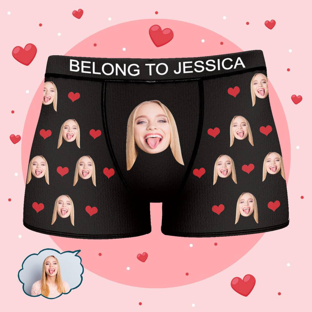 Jessica - Personalized Property of Name Boxer Custom Name Face Boxer with Text Inscribed Waist Anniversary Gifts for Boyfriend