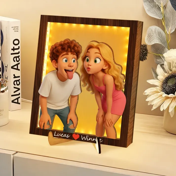 Personalized Wooden Cartoon Light Wall Art, Custom Cartoon Portrait, Wood Home Decor, Night Light Gifts, Valentine's Day Gift - PhotoBoxer