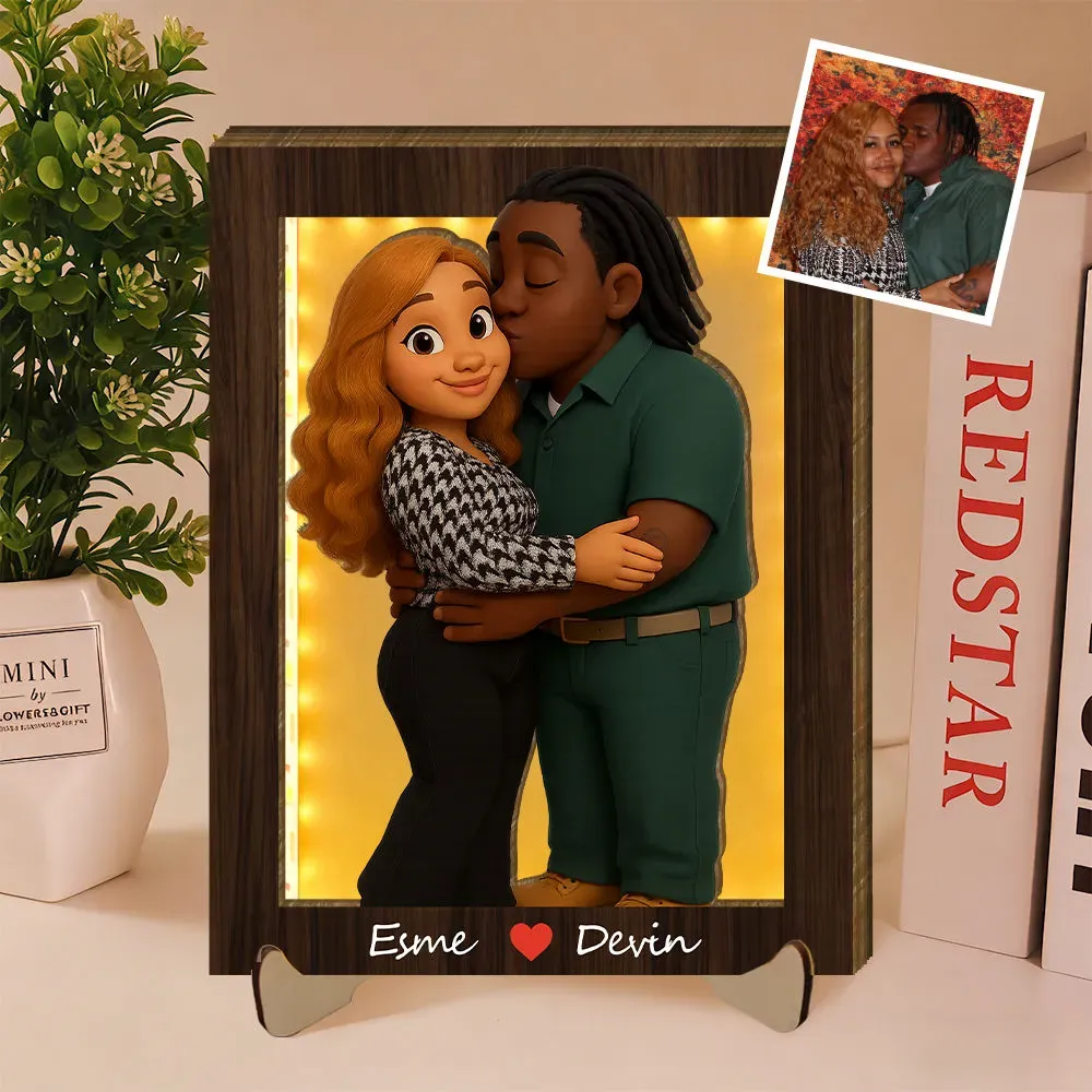 Personalized Wooden Cartoon Light Wall Art, Custom Cartoon Portrait, Wood Home Decor, Night Light Gifts, Valentine's Day Gift - PhotoBoxer