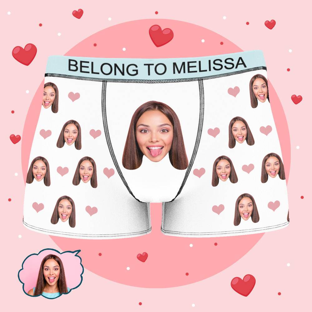 Melissa - Personalized Property of Name Boxer Custom Name Face Boxer with Text Inscribed Waist Anniversary Gifts for Boyfriend