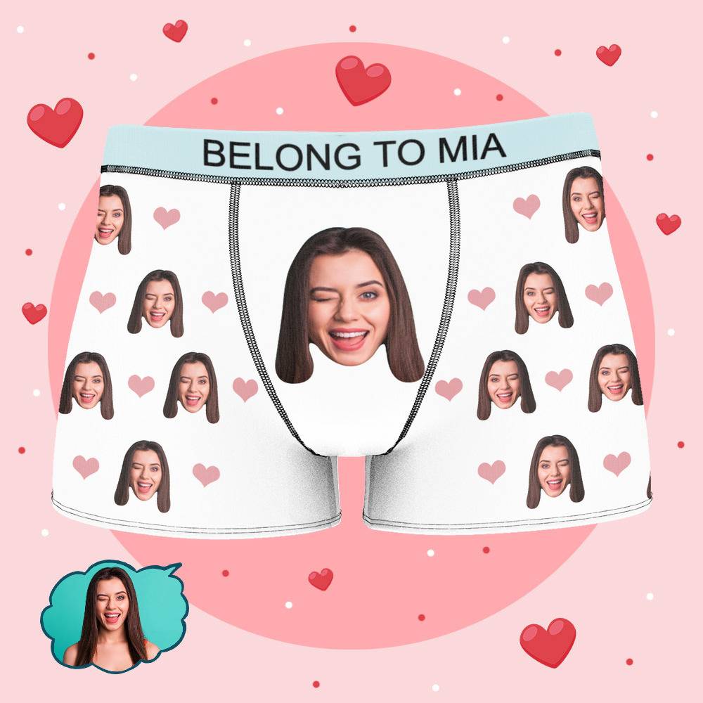 Mia - Personalized Property of Name Boxer Custom Name Face Boxer with Text Inscribed Waist Anniversary Gifts for Boyfriend