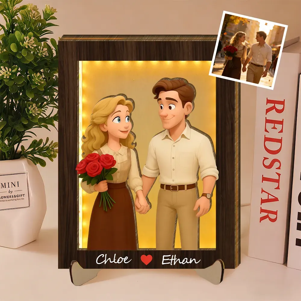 Personalized Wooden Cartoon Light Wall Art, Custom Cartoon Portrait, Wood Home Decor, Night Light Gifts, Valentine's Day Gift - PhotoBoxer