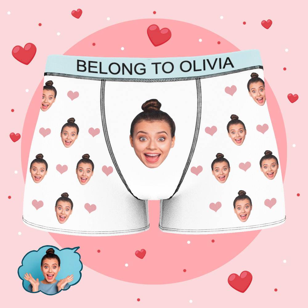 Olivia - Personalized Property of Name Boxer Custom Name Face Boxer with Text Inscribed Waist Anniversary Gifts for Boyfriend