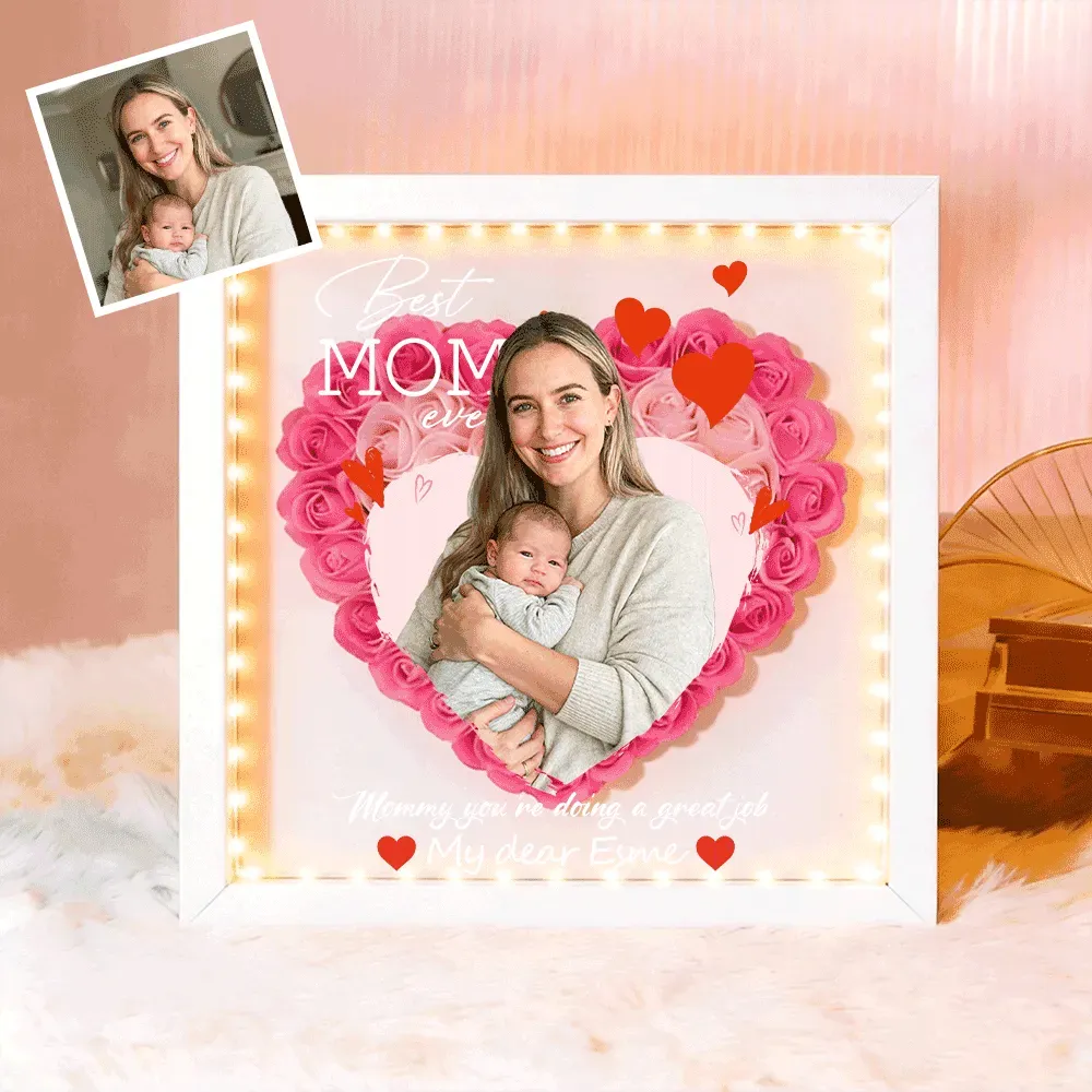 Personalized Flower Shadow Box with Light, Custom Photo & Name Gift For Mom, Gift For Mother's Day - PhotoBoxer