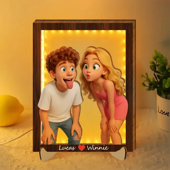 Personalized Wooden Cartoon Light Wall Art, Custom Cartoon Portrait, Wood Home Decor, Night Light Gifts, Valentine's Day Gift - PhotoBoxer