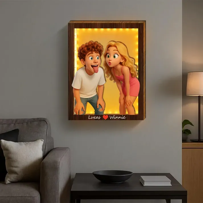 Personalized Wooden Cartoon Light Wall Art, Custom Cartoon Portrait, Wood Home Decor, Night Light Gifts, Valentine's Day Gift - PhotoBoxer