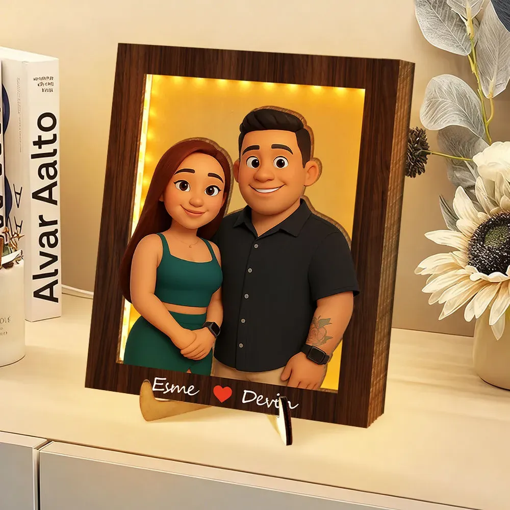 Personalized Wooden Cartoon Light Wall Art, Custom Cartoon Portrait, Wood Home Decor, Night Light Gifts, Valentine's Day Gift - PhotoBoxer