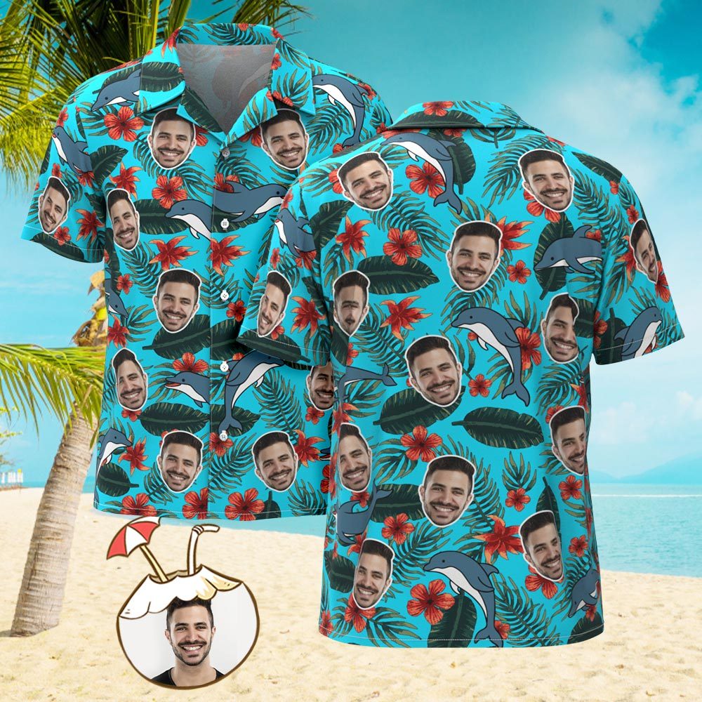 Camisa De Hombre Personalizada Con Estampado De Cara, Camisa Hawaiana, Tiburón - CalzoncillosfotoES