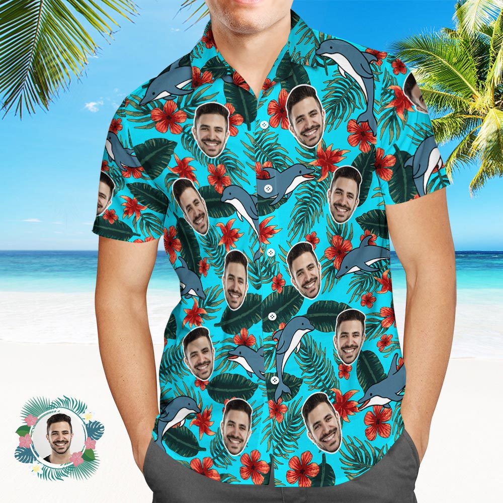 Camisa De Hombre Personalizada Con Estampado De Cara, Camisa Hawaiana, Tiburón - CalzoncillosfotoES