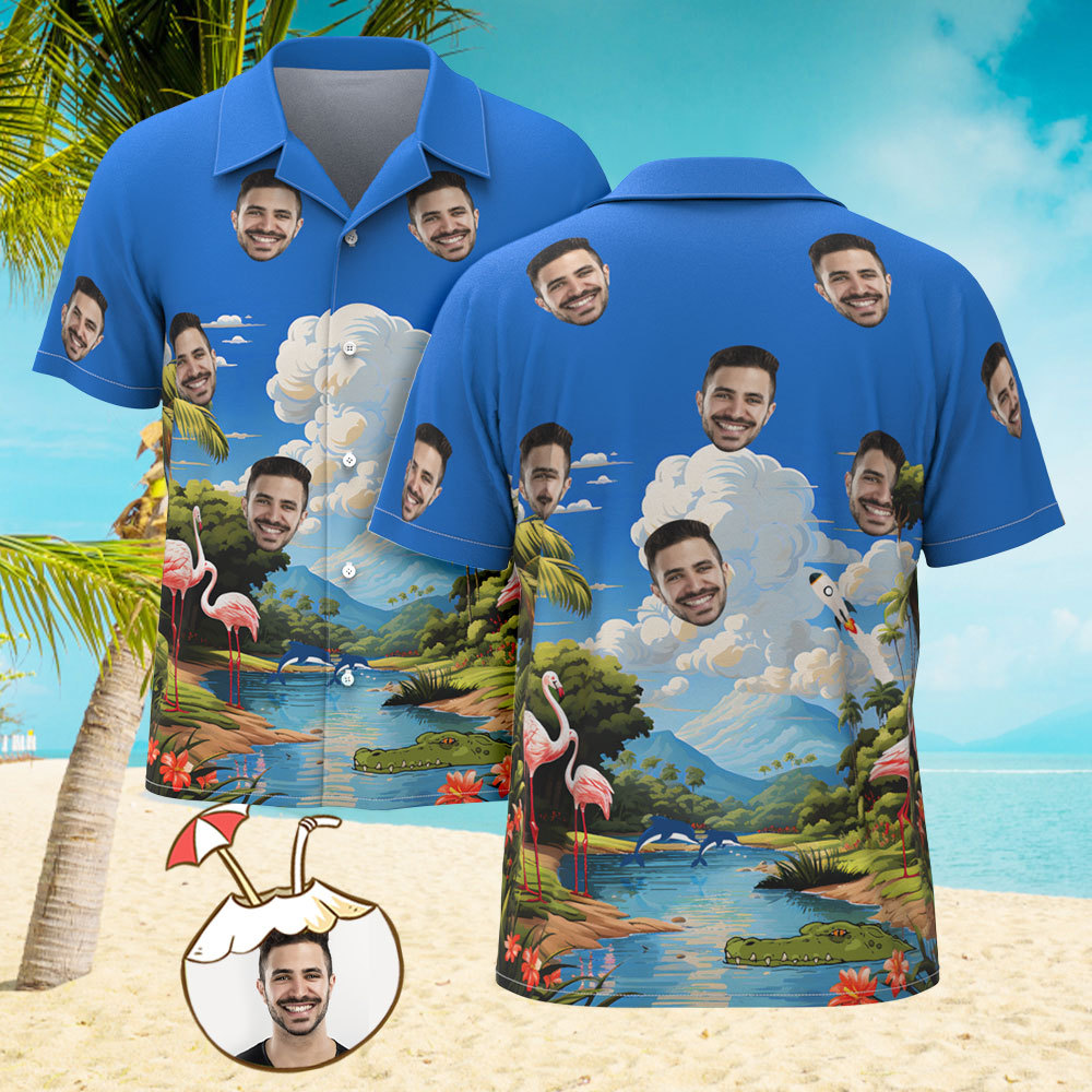 Camisa Hawaiana Personalizada Con Estampado De Cara Para Hombre - Cielo - CalzoncillosfotoES