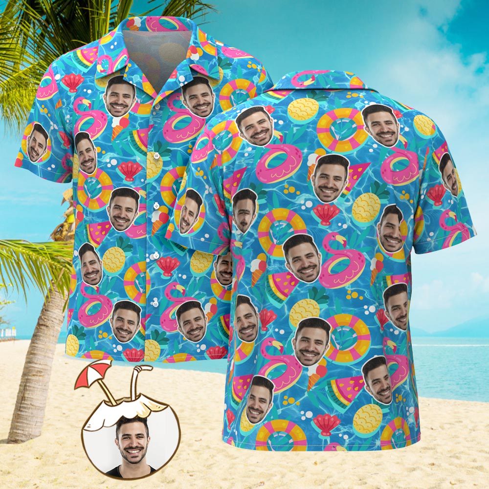 Camisa De Hombre Personalizada Con Estampado De Cara, Camisa Hawaiana, Flotadores De Piscina - CalzoncillosfotoES