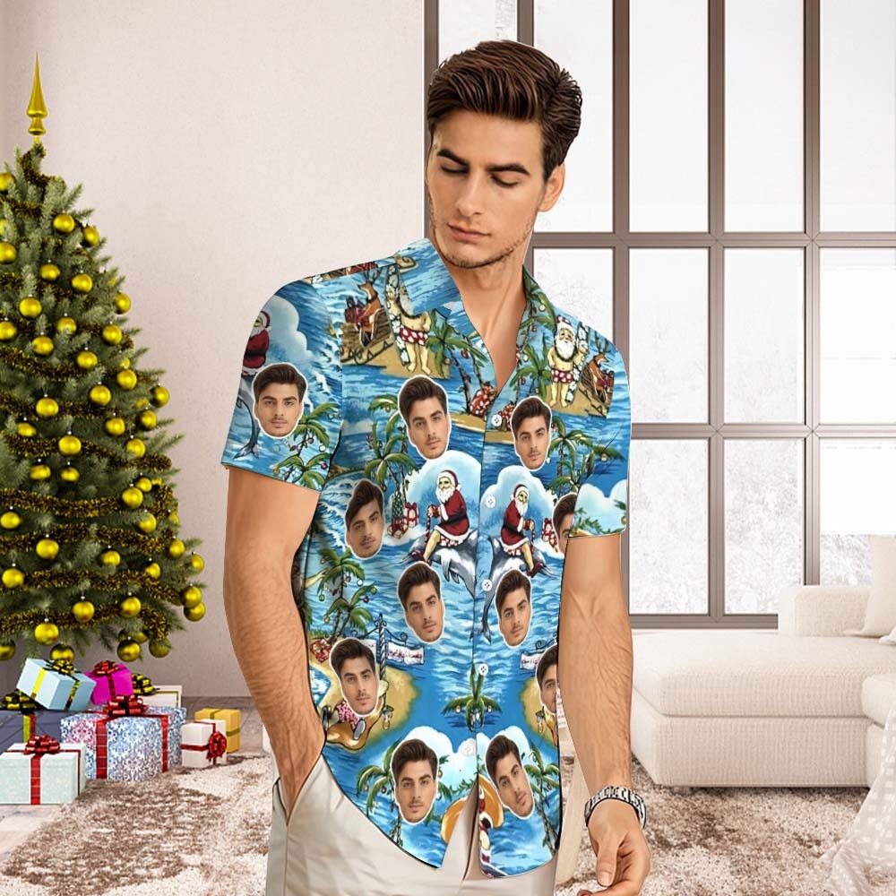 Camisa Hawaiana Con Cara Personalizada Camisa Aloha Con Estampado Integral Para Hombre Regalo De Navidad - Vacaciones De Papá Noel - CalzoncillosfotoES