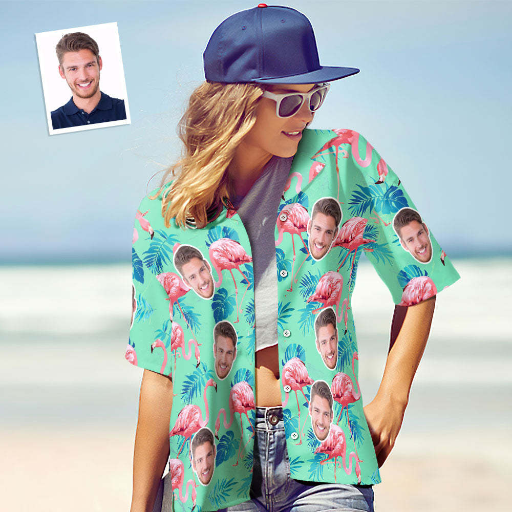 Camisa Hawaiana Con Cara Personalizada, Camisa Tropical De Flamenco Para Mujer, Con Estampado De Hojas Verdes Y Palmeras - CalzoncillosfotoES