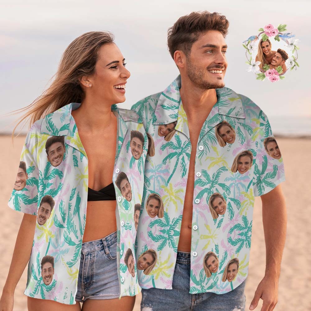 Camisa Hawaiana De Cara Personalizada, Traje De Pareja, Camisa Hawaiana De Vocación Vibe, Palmeras Coloridas - CalzoncillosfotoES