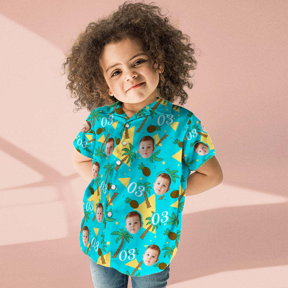 Camiseta Hawaiana Personalizada Con Cara Y Números Multicolores Para Niños, Árbol De Coco Y Regalo De Cumpleaños De Piña - CalzoncillosfotoES