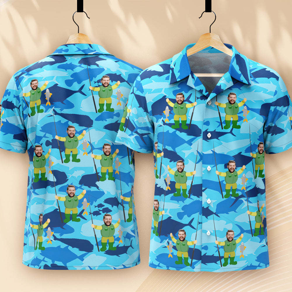 Camisa Hawaiana Personalizada Para Hombre, Camisa Hawaiana Con Cara De Vacaciones De Verano De Pescador - CalzoncillosfotoES