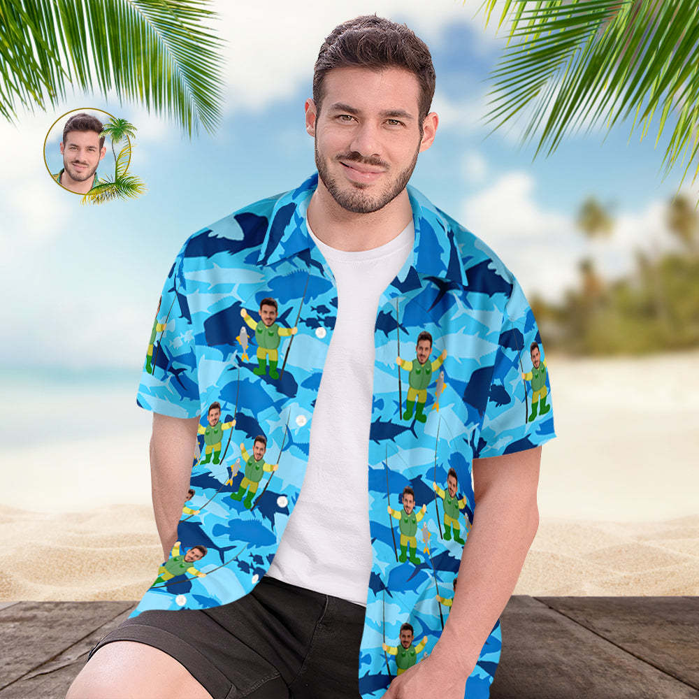 Camisa Hawaiana Personalizada Para Hombre, Camisa Hawaiana Con Cara De Vacaciones De Verano De Pescador - CalzoncillosfotoES