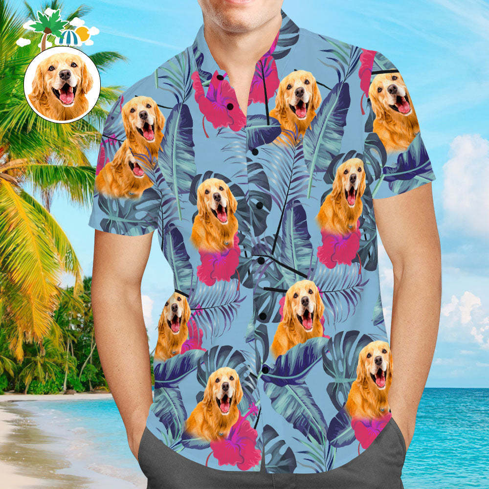 Camisas Hawaianas Personalizadas Para Hombres Con Cara De Perro Linda Personalizada Para Amantes De Las Mascotas - Azul Humo