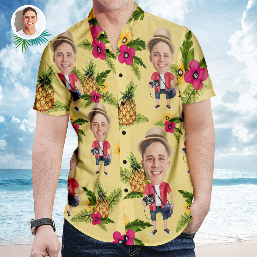 Camisa Hawaiana De Cara Y Texto Personalizada, Camisa De Manga Corta, Camisas De Fotógrafo De Verano De Playa De Piña Para Hombres