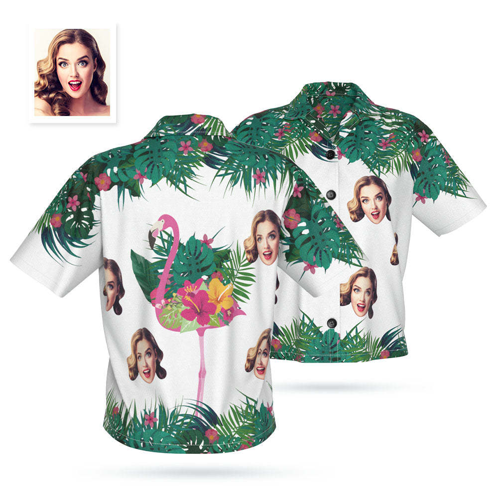 Camisa Hawaiana Con Cara Personalizada Para Mujer Camisa Con Foto Personalizada Para Mujer Verde Y Flamenco - CalzoncillosfotoES