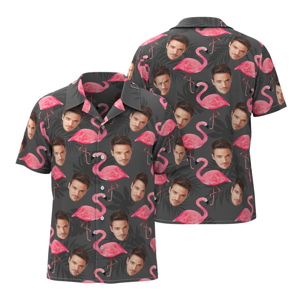 Camisa Hawaiana De Cara Personalizada Para Él Camisa De Foto De Hombre Personalizada Flamingo & Monstera Leaves Valentine's Day Gift - CalzoncillosfotoES