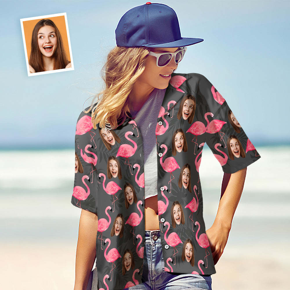 Camisa Hawaiana De Cara Personalizada Para Su Camisa De Foto De Mujer Personalizada Flamingo & Monstera Leaves Valentine's Day Gift - CalzoncillosfotoES