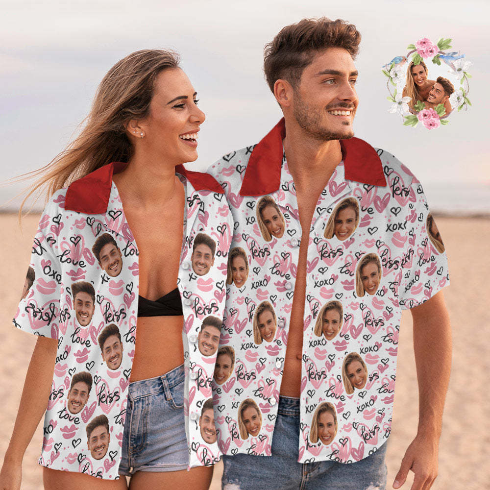 Pareja De Cara Personalizada Camisas Hawaianas A Juego Love Kiss Xoxo Regalo Del Día De San Valentín - CalzoncillosfotoES
