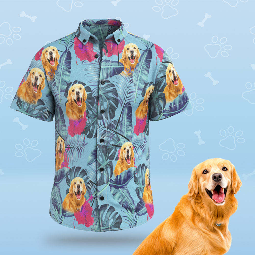 Camisas Hawaianas Personalizadas Para Hombres Con Cara De Perro Linda Personalizada Para Amantes De Las Mascotas - Azul Humo
